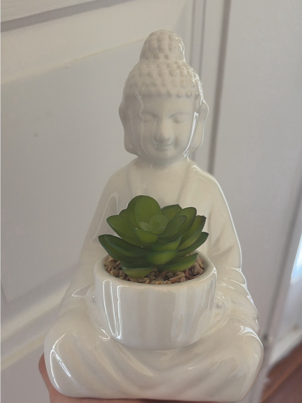 White Ceramic Buddha Planter with Green Succulent